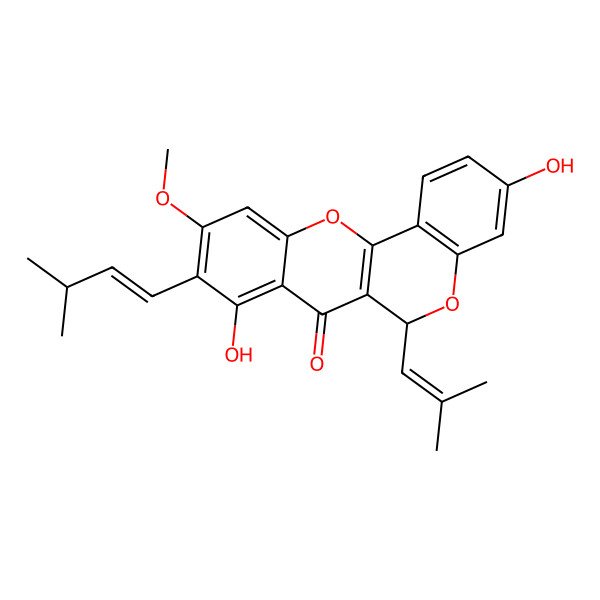 2D Structure of 3,8-dihydroxy-10-methoxy-9-[(E)-3-methylbut-1-enyl]-6-(2-methylprop-1-enyl)-6H-chromeno[4,3-b]chromen-7-one