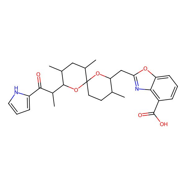 2D Structure of 2-[[(2S,3R,5R,6S,8R,9R)-3,5,9-Trimethyl-2-[(2S)-1-oxo-1-(1H-pyrrol-2-yl)propan-2-yl]-1,7-dioxaspiro[5.5]undecan-8-yl]methyl]-1,3-benzoxazole-4-carboxylic acid