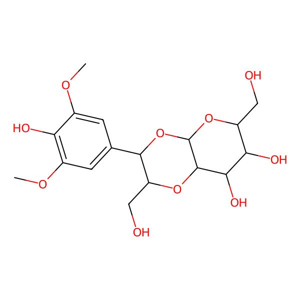 2D Structure of (6S,8S)-3-(4-hydroxy-3,5-dimethoxyphenyl)-2,6-bis(hydroxymethyl)-3,4a,6,7,8,8a-hexahydro-2H-pyrano[2,3-b][1,4]dioxine-7,8-diol