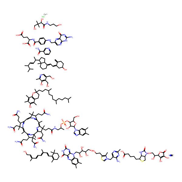 2D Structure of (1S,3Z)-3-[(2E)-2-[(1R,3aS,7aR)-1-[(E,2R,5R)-5,6-dimethylhept-3-en-2-yl]-7a-methyl-2,3,3a,5,6,7-hexahydro-1H-inden-4-ylidene]ethylidene]-4-methylidenecyclohexan-1-ol;5-[(3aS,4S,6aR)-2-oxo-1,3,3a,4,6,6a-hexahydrothieno[3,4-d]imidazol-4-yl]pentanoic acid;2-[3-[(4-amino-2-methylpyrimidin-5-yl)methyl]-4-methyl-1,3-thiazol-3-ium-5-yl]ethanol;(2S)-2-[[4-[(2-amino-4-oxo-1H-pteridin-6-yl)methylamino]benzoyl]amino]pentanedioic acid;4,5-bis(hydroxymethyl)-2-methylpyridin-3-ol;cobalt(2+);(2R)-2-[(1S)-1,2-dihydroxyethyl]-3,4-dihydroxy-2H-furan-5-one;2,4-dihydroxy-N-(3-hydroxypropyl)-3,3-dimethylbutanamide;[5-(5,6-dimethylbenzimidazol-1-yl)-4-hydroxy-2-(hydroxymethyl)oxolan-3-yl] 1-[3-[(4Z,9Z,14Z)-2,13,18-tris(2-amino-2-oxoethyl)-7,12,17-tris(3-amino-3-oxopropyl)-3,5,8,8,13,15,18,19-octamethyl-2,7,12,17-tetrahydrocorrin-3-yl]propanoylamino]propan-2-yl phosphate;7,8-dimethyl-10-[(2S,3S,4R)-2,3,4,5-tetrahydroxypentyl]benzo[g]pteridine-2,4-dione;(2E,4E,6E,8E)-3,7-dimethyl-9-(2,6,6-trimethylcyclohexen-1-yl)nona-2,4,6,8-tetraen-1-ol;pyridine-3-carboxamide;(2R)-2,5,7,8-tetramethyl-2-[(4R,8R)-4,8,12-trimethyltridecyl]-3,4-dihydrochromen-6-ol;cyanide;hydrochloride