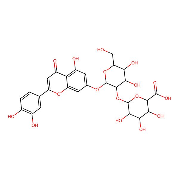 2D Structure of (2S,3S,4S,5R,6R)-6-[(2S,3R,4S,5S,6R)-2-[2-(3,4-dihydroxyphenyl)-5-hydroxy-4-oxochromen-7-yl]oxy-4,5-dihydroxy-6-(hydroxymethyl)oxan-3-yl]oxy-3,4,5-trihydroxyoxane-2-carboxylic acid