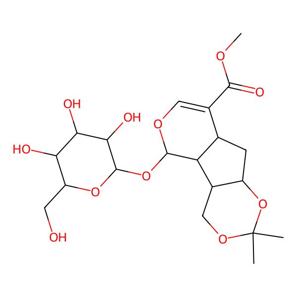 2D Structure of methyl (2S,7S)-5,5-dimethyl-13-[(2S,3R,4S,5S,6R)-3,4,5-trihydroxy-6-(hydroxymethyl)oxan-2-yl]oxy-4,6,12-trioxatricyclo[7.4.0.02,7]tridec-10-ene-10-carboxylate