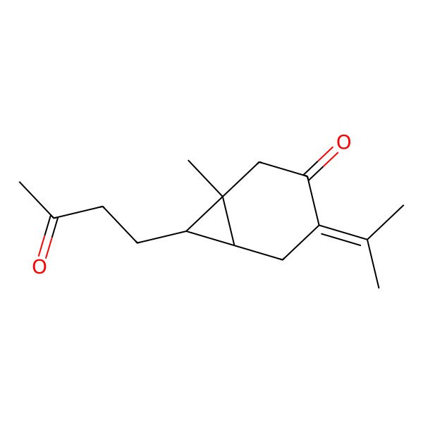 2D Structure of Bicyclo(4.1.0)heptan-3-one, 1-methyl-4-(1-methylethylidene)-7-(3-oxobutyl)-, (1S,6R,7R)-