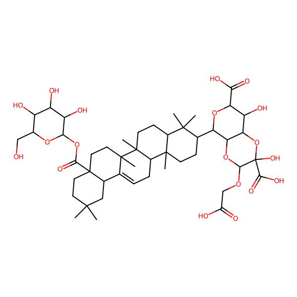 2D Structure of (4aS,5S,7S,8S,8aS)-5-[(3S,4aS,6aR,6bS,8aS,12aS,14aR,14bS)-4,4,6a,6b,11,11,14b-heptamethyl-8a-[(2S,3R,4S,5S,6R)-3,4,5-trihydroxy-6-(hydroxymethyl)oxan-2-yl]oxycarbonyl-1,2,3,4a,5,6,7,8,9,10,12,12a,14,14a-tetradecahydropicen-3-yl]-3-(carboxymethoxy)-2,8-dihydroxy-3,4a,5,7,8,8a-hexahydropyrano[3,4-b][1,4]dioxine-2,7-dicarboxylic acid