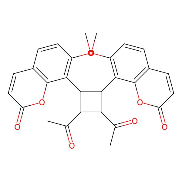 2D Structure of 8-[(1S,2R,3S,4R)-2,3-diacetyl-4-(7-methoxy-2-oxochromen-8-yl)cyclobutyl]-7-methoxychromen-2-one