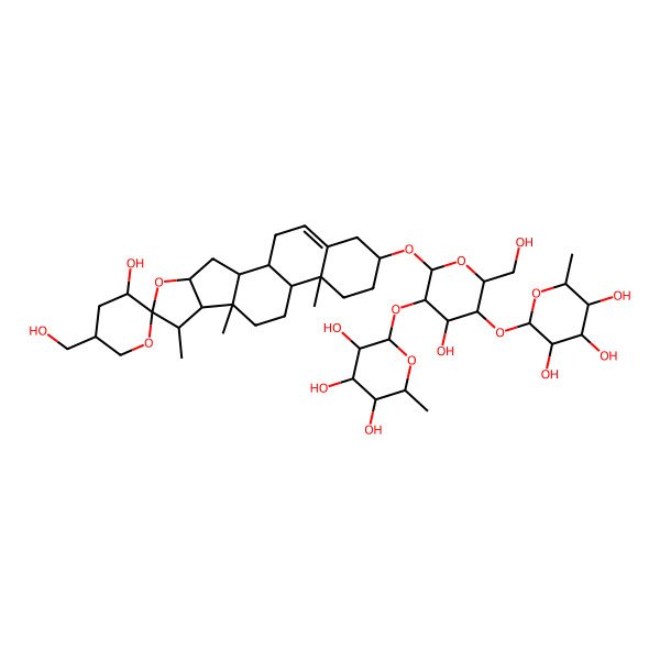 2D Structure of (2S,3R,4R,5R,6S)-2-[(2R,3S,4S,5R,6R)-4-hydroxy-6-[(1S,2S,3'S,4S,5'S,6S,7S,8R,9S,12S,13R,16S)-3'-hydroxy-5'-(hydroxymethyl)-7,9,13-trimethylspiro[5-oxapentacyclo[10.8.0.02,9.04,8.013,18]icos-18-ene-6,2'-oxane]-16-yl]oxy-2-(hydroxymethyl)-5-[(2S,3R,4R,5R,6S)-3,4,5-trihydroxy-6-methyloxan-2-yl]oxyoxan-3-yl]oxy-6-methyloxane-3,4,5-triol