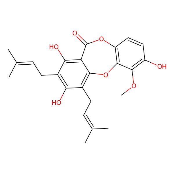 2D Structure of 2,7,9-Trihydroxy-1-methoxy-8,10-bis(3-methylbut-2-enyl)benzo[b][1,4]benzodioxepin-6-one