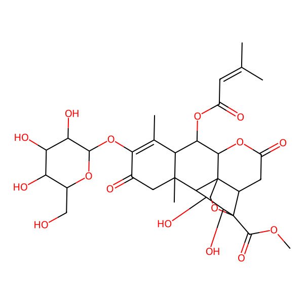 2D Structure of Picras-3-en-21-oic acid, 13,20-epoxy-3-(beta-D-glucopyranosyloxy)-11,12-dihydroxy-6-((3-methyl-1-oxo-2-butenyl)oxy)-2,16-dioxo-, methyl ester, (6alpha,11beta,12alpha)-