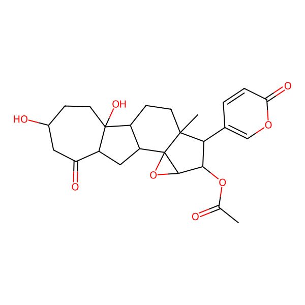 2D Structure of [(1R,2S,4R,5R,6R,7R,10S,11S,14S,17S)-11,14-dihydroxy-7-methyl-16-oxo-6-(6-oxopyran-3-yl)-3-oxapentacyclo[8.8.0.02,4.02,7.011,17]octadecan-5-yl] acetate