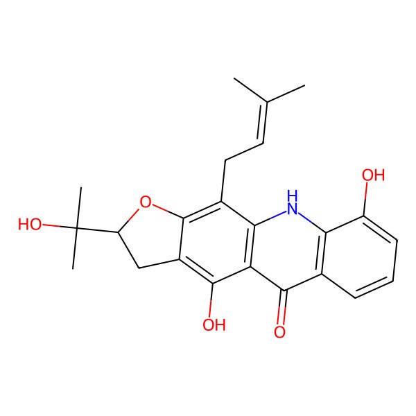 2D Structure of 4,9-dihydroxy-2-(2-hydroxypropan-2-yl)-11-(3-methylbut-2-enyl)-3,10-dihydro-2H-furo[3,2-b]acridin-5-one