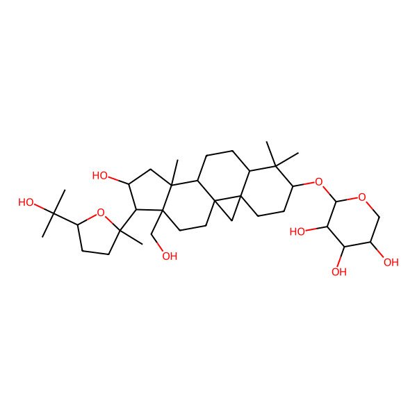 2D Structure of (2R,3R,4R,5R)-2-[[(1S,3R,6S,8S,11S,12S,14S,15R,16S)-14-hydroxy-16-(hydroxymethyl)-15-[(2S,5R)-5-(2-hydroxypropan-2-yl)-2-methyloxolan-2-yl]-7,7,12-trimethyl-6-pentacyclo[9.7.0.01,3.03,8.012,16]octadecanyl]oxy]oxane-3,4,5-triol
