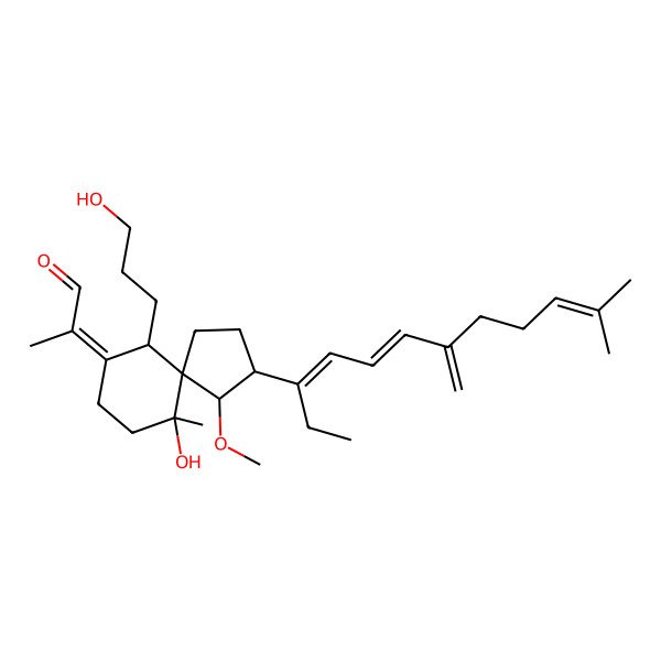 2D Structure of (2E)-2-[(5S,6R,10S)-10-hydroxy-6-(3-hydroxypropyl)-4-methoxy-10-methyl-3-[(3Z,5E)-11-methyl-7-methylidenedodeca-3,5,10-trien-3-yl]spiro[4.5]decan-7-ylidene]propanal