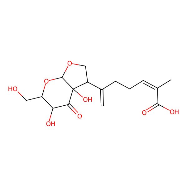 2D Structure of (2E)-6-[(6S)-3a,5-dihydroxy-6-(hydroxymethyl)-4-oxo-3,5,6,7a-tetrahydro-2H-furo[2,3-b]pyran-3-yl]-2-methylhepta-2,6-dienoic acid