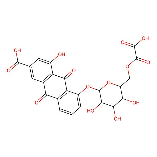 2D Structure of 4-hydroxy-9,10-dioxo-5-[(2S,3R,4S,5S,6R)-3,4,5-trihydroxy-6-(oxalooxymethyl)oxan-2-yl]oxyanthracene-2-carboxylic acid