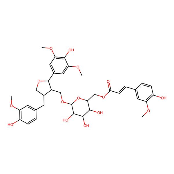2D Structure of (2S)-2alpha-(3,5-Dimethoxy-4-hydroxyphenyl)-3beta-[6-O-[(E)-3-(3-methoxy-4-hydroxyphenyl)acryloyl]-beta-D-glucopyranosyloxymethyl]-4beta-(3-methoxy-4-hydroxybenzyl)tetrahydrofuran