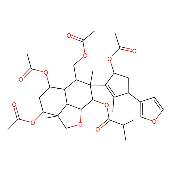 2D Structure of [(4R,8R,9R,10R)-5,7-diacetyloxy-10-[(3R,5S)-5-acetyloxy-3-(furan-3-yl)-2-methylcyclopenten-1-yl]-9-(acetyloxymethyl)-4,8,10-trimethyl-2-oxatricyclo[6.3.1.04,12]dodecan-11-yl] 2-methylpropanoate