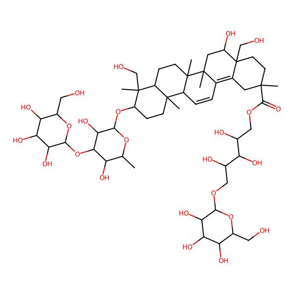 2D Structure of [2,3,4-trihydroxy-5-[(2S,3R,4S,5S,6R)-3,4,5-trihydroxy-6-(hydroxymethyl)oxan-2-yl]oxypentyl] (2S,4aS,5R,6aS,6bR,9R,10S,12aS)-10-[(2R,3R,4R,5R,6S)-3,5-dihydroxy-6-methyl-4-[(2S,3R,4S,5S,6R)-3,4,5-trihydroxy-6-(hydroxymethyl)oxan-2-yl]oxyoxan-2-yl]oxy-5-hydroxy-4a,9-bis(hydroxymethyl)-2,6a,6b,9,12a-pentamethyl-1,3,4,5,6,6a,7,8,8a,10,11,12-dodecahydropicene-2-carboxylate