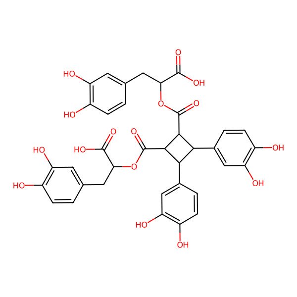 2D Structure of (2R)-2-[(1R,2R,3R,4R)-2-[(1R)-1-carboxy-2-(3,4-dihydroxyphenyl)ethoxy]carbonyl-3,4-bis(3,4-dihydroxyphenyl)cyclobutanecarbonyl]oxy-3-(3,4-dihydroxyphenyl)propanoic acid