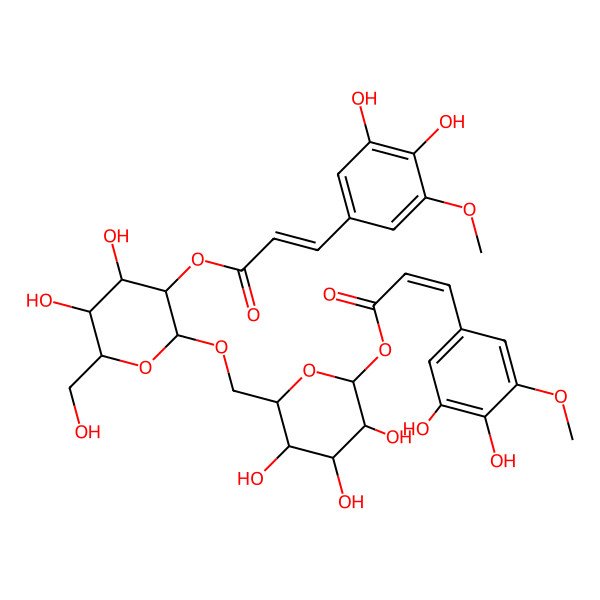 2D Structure of (E)-3,4-Dihydroxy-5-methoxycinnamoyl 6-O-[2-O-[(E)-3,4-dihydroxy-5-methoxycinnamoyl]-beta-D-glucopyranosyl]-beta-D-glucopyranoside