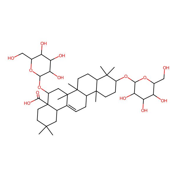 2D Structure of (4aR,5R,6aR,6aS,6bR,8aR,10S,12aR,14bS)-2,2,6a,6b,9,9,12a-heptamethyl-5,10-bis[[(2R,3R,4S,5S,6R)-3,4,5-trihydroxy-6-(hydroxymethyl)oxan-2-yl]oxy]-1,3,4,5,6,6a,7,8,8a,10,11,12,13,14b-tetradecahydropicene-4a-carboxylic acid