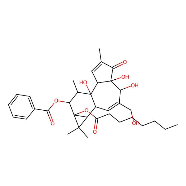 2D Structure of [(1S,2S,6S,7R,10S,11R,13S,14R,15R)-1,6,7-trihydroxy-8-(hydroxymethyl)-4,12,12,15-tetramethyl-13-octanoyloxy-5-oxo-14-tetracyclo[8.5.0.02,6.011,13]pentadeca-3,8-dienyl] benzoate