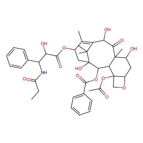 2D Structure of [(1S,2S,3R,4S,7R,9S,10S,12R,15S)-4-acetyloxy-1,9,12-trihydroxy-15-[(2R)-2-hydroxy-3-phenyl-3-(propanoylamino)propanoyl]oxy-10,14,17,17-tetramethyl-11-oxo-6-oxatetracyclo[11.3.1.03,10.04,7]heptadec-13-en-2-yl] benzoate