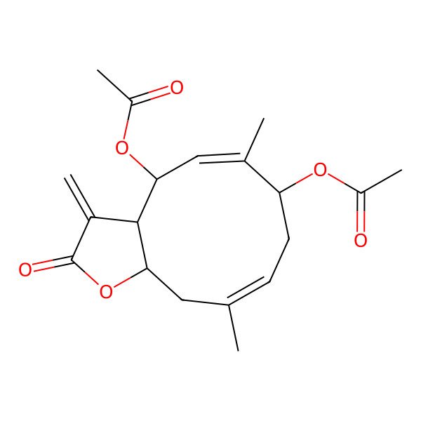 2D Structure of Germacra-1(10),3,11(13)-trien-12-oic acid, 3-alpha,6-alpha,8-alpha-trihydroxy-, 12,8-lactone, diacetate