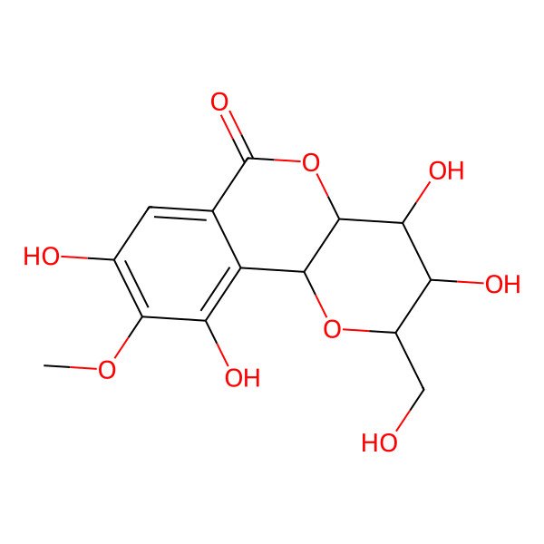 2D Structure of (2S,3R,4R,4aS,10bR)-3,4,8,10-tetrahydroxy-2-(hydroxymethyl)-9-methoxy-3,4,4a,10b-tetrahydro-2H-pyrano[3,2-c]isochromen-6-one