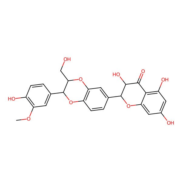 2D Structure of (2R,3R)-3,5,7-trihydroxy-2-[(2R,3S)-2-(4-hydroxy-3-methoxyphenyl)-3-(hydroxymethyl)-2,3-dihydro-1,4-benzodioxin-6-yl]-2,3-dihydrochromen-4-one