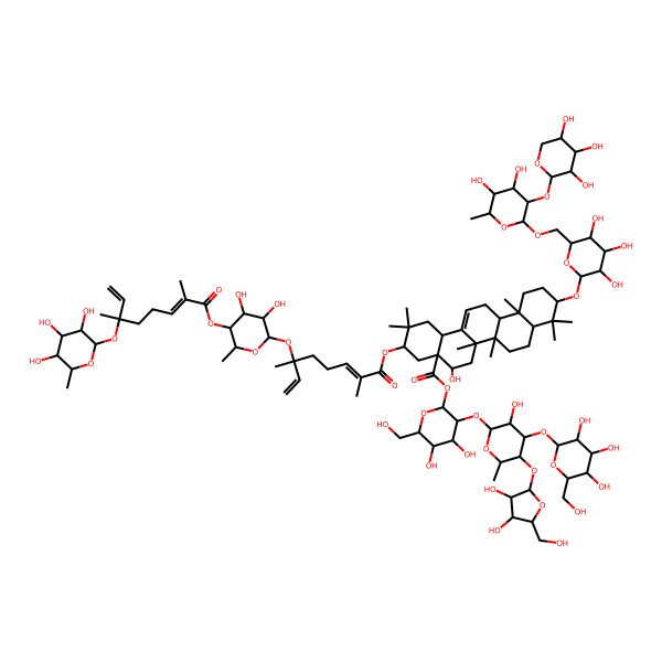 2D Structure of [(2S,3R,4S,5S,6R)-3-[(2S,3R,4S,5S,6S)-5-[(2S,3R,4R,5S)-3,4-dihydroxy-5-(hydroxymethyl)oxolan-2-yl]oxy-3-hydroxy-6-methyl-4-[(2S,3R,4S,5S,6R)-3,4,5-trihydroxy-6-(hydroxymethyl)oxan-2-yl]oxyoxan-2-yl]oxy-4,5-dihydroxy-6-(hydroxymethyl)oxan-2-yl] (3S,4aR,5R,6aR,6aS,6bR,8aR,10S,12aR,14bS)-10-[(2R,3R,4S,5S,6R)-6-[[(2R,3R,4S,5R,6R)-4,5-dihydroxy-6-methyl-3-[(2S,3R,4S,5R)-3,4,5-trihydroxyoxan-2-yl]oxyoxan-2-yl]oxymethyl]-3,4,5-trihydroxyoxan-2-yl]oxy-3-[(2E,6S)-6-[(2S,3R,4R,5S,6R)-5-[(2E,6R)-2,6-dimethyl-6-[(2S,3R,4S,5S,6R)-3,4,5-trihydroxy-6-methyloxan-2-yl]oxyocta-2,7-dienoyl]oxy-3,4-dihydroxy-6-methyloxan-2-yl]oxy-2,6-dimethylocta-2,7-dienoyl]oxy-5-hydroxy-2,2,6a,6b,9,9,12a-heptamethyl-1,3,4,5,6,6a,7,8,8a,10,11,12,13,14b-tetradecahydropicene-4a-carboxylate