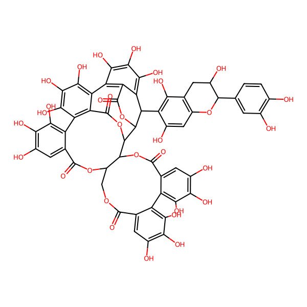 2D Structure of (1R,2R,20R,42S,46S)-46-[(2R,3S)-2-(3,4-dihydroxyphenyl)-3,5,7-trihydroxy-3,4-dihydro-2H-chromen-6-yl]-7,8,9,12,13,14,25,26,27,30,31,32,35,36,37-pentadecahydroxy-3,18,21,41,43-pentaoxanonacyclo[27.13.3.138,42.02,20.05,10.011,16.023,28.033,45.034,39]hexatetraconta-5,7,9,11,13,15,23,25,27,29(45),30,32,34(39),35,37-pentadecaene-4,17,22,40,44-pentone