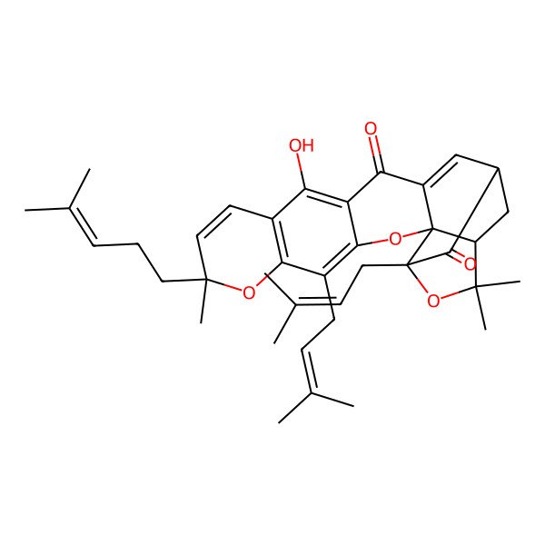 2D Structure of (1S,2S,8R,17S,19R)-12-hydroxy-8,21,21-trimethyl-5,19-bis(3-methylbut-2-enyl)-8-(4-methylpent-3-enyl)-3,7,20-trioxahexacyclo[15.4.1.02,15.02,19.04,13.06,11]docosa-4(13),5,9,11,15-pentaene-14,18-dione