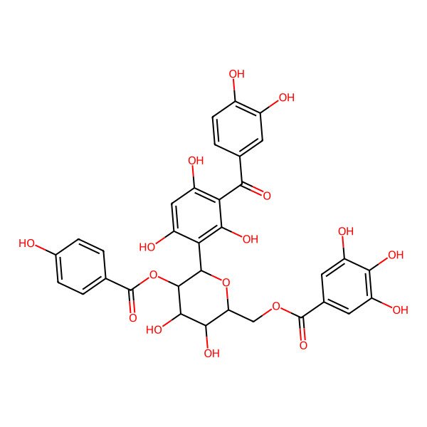 2D Structure of (3,4-Dihydroxyphenyl)[2,4,6-trihydroxy-3-[2-O-(4-hydroxybenzoyl)-6-O-(3,4,5-trihydroxybenzoyl)-beta-D-glucopyranosyl]phenyl]methanone