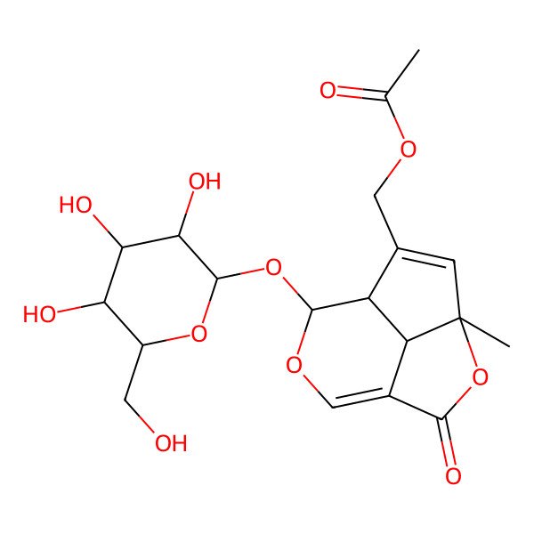 2D Structure of [(4S,7S,8S)-4-methyl-2-oxo-8-[(2S,3R,4S,5S,6R)-3,4,5-trihydroxy-6-(hydroxymethyl)oxan-2-yl]oxy-3,9-dioxatricyclo[5.3.1.04,11]undeca-1(10),5-dien-6-yl]methyl acetate