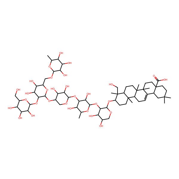 2D Structure of (4aS,6bR,9S,10S,12aR)-10-[(2S,3R,4S,5S)-3-[(2S,3R,4R,5R,6S)-4-[(2S,3R,4R,5R)-5-[(2S,3R,4S,5S,6R)-4,5-dihydroxy-3-[(2R,3S,4R,5R,6S)-3,4,5-trihydroxy-6-(hydroxymethyl)oxan-2-yl]oxy-6-[[(2R,3R,4R,5R,6S)-3,4,5-trihydroxy-6-methyloxan-2-yl]oxymethyl]oxan-2-yl]oxy-3,4-dihydroxyoxan-2-yl]oxy-3,5-dihydroxy-6-methyloxan-2-yl]oxy-4,5-dihydroxyoxan-2-yl]oxy-9-(hydroxymethyl)-2,2,6a,6b,9,12a-hexamethyl-1,3,4,5,6,6a,7,8,8a,10,11,12,13,14b-tetradecahydropicene-4a-carboxylic acid