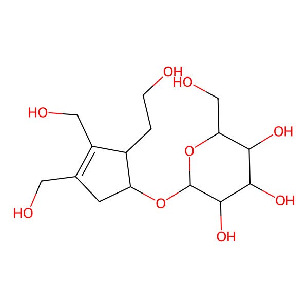 2D Structure of (2R,3R,4S,5S,6R)-2-[(1R,2R)-2-(2-hydroxyethyl)-3,4-bis(hydroxymethyl)cyclopent-3-en-1-yl]oxy-6-(hydroxymethyl)oxane-3,4,5-triol