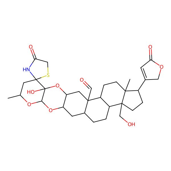 2D Structure of (1'S,2S,3'R,5'S,7'R,10'R,12'R,14'R,15'S,18'R,19'S,22'S,23'R)-10'-hydroxy-22'-(hydroxymethyl)-7',18'-dimethyl-4-oxo-19'-(5-oxo-2H-furan-3-yl)spiro[1,3-thiazolidine-2,9'-4,6,11-trioxahexacyclo[12.11.0.03,12.05,10.015,23.018,22]pentacosane]-14'-carbaldehyde