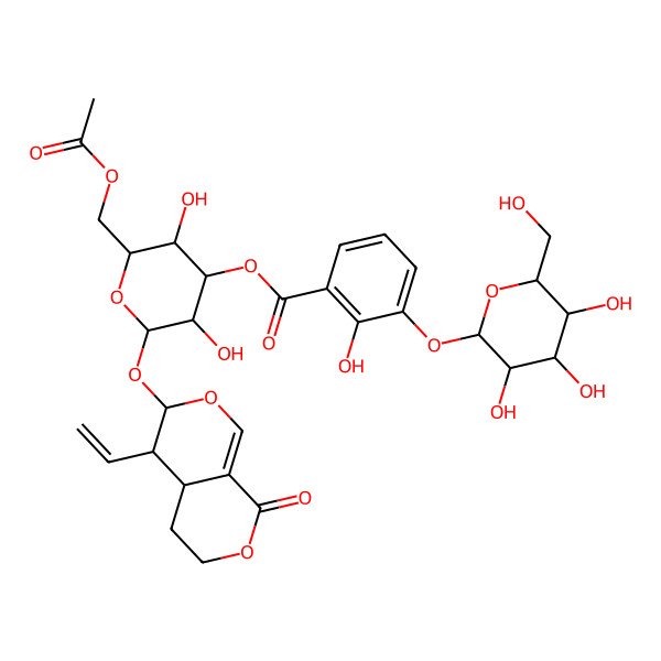 2D Structure of [(2R,3R,4S,5R,6S)-2-(acetyloxymethyl)-6-[[(3S,4R,4aS)-4-ethenyl-8-oxo-4,4a,5,6-tetrahydro-3H-pyrano[3,4-c]pyran-3-yl]oxy]-3,5-dihydroxyoxan-4-yl] 2-hydroxy-3-[(2S,3R,4S,5S,6R)-3,4,5-trihydroxy-6-(hydroxymethyl)oxan-2-yl]oxybenzoate