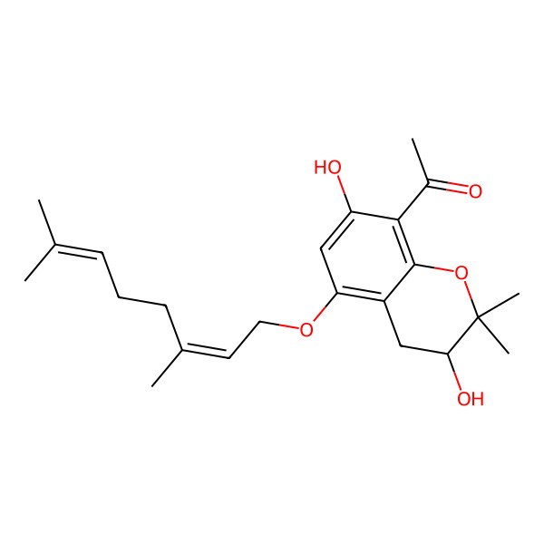 2D Structure of 1-[(3R)-5-[(2E)-3,7-dimethylocta-2,6-dienoxy]-3,7-dihydroxy-2,2-dimethyl-3,4-dihydrochromen-8-yl]ethanone