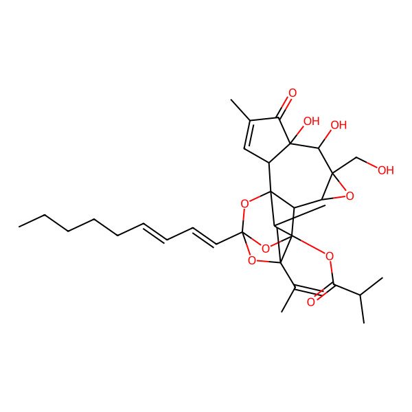 2D Structure of [(1R,2R,6S,7S,8R,10S,11S,12R,16S,17R,18R)-6,7-dihydroxy-8-(hydroxymethyl)-4,18-dimethyl-14-[(1E,3E)-nona-1,3-dienyl]-5-oxo-16-prop-1-en-2-yl-9,13,15,19-tetraoxahexacyclo[12.4.1.01,11.02,6.08,10.012,16]nonadec-3-en-17-yl] 2-methylpropanoate