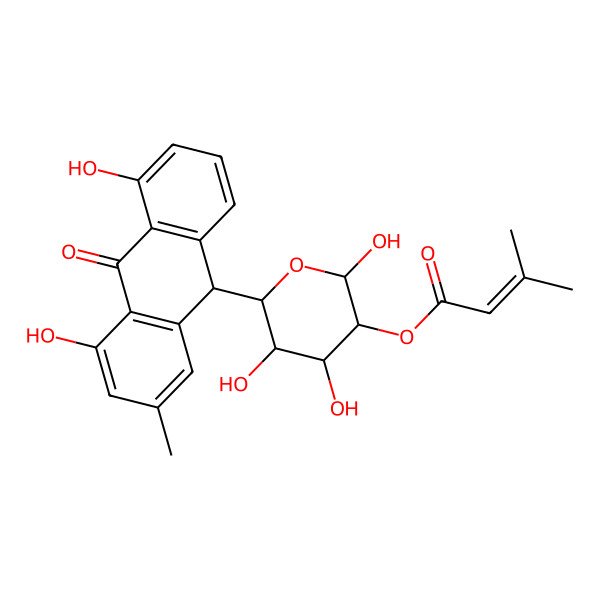 2D Structure of [(2S,3R,4R,5R,6R)-6-[(9S)-4,5-dihydroxy-2-methyl-10-oxo-9H-anthracen-9-yl]-2,4,5-trihydroxyoxan-3-yl] 3-methylbut-2-enoate