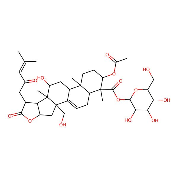 2D Structure of (2S,3R,4S,5S,6R)-3,4,5-trihydroxy-6-(hydroxymethyl)oxan-2-yl (2S,4S,7R,8S,9S,10S,12R,13R,16R,17S,18R)-16-(acetyloxy)-10-hydroxy-2-(hydroxymethyl)-9,13,17-trimethyl-7-(4-methyl-2-oxopent-3-en-1-yl)-6-oxo-5-oxapentacyclo(10.8.0.0^(2,9).0^(4,8).0^(13,18))icos-1(20)-ene-17-carboxylate