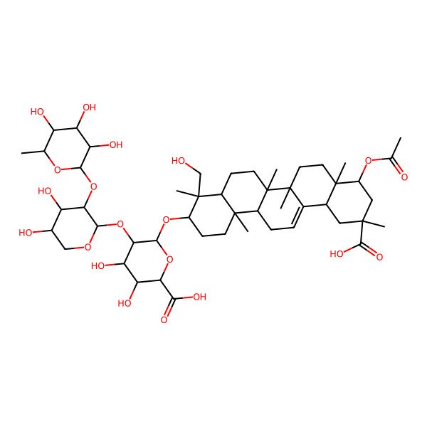 2D Structure of (2S,3S,4S,5R,6R)-6-[[(3S,4S,4aR,6aR,6bS,8aR,9R,11R,12aS,14aR,14bR)-9-acetyloxy-11-carboxy-4-(hydroxymethyl)-4,6a,6b,8a,11,14b-hexamethyl-1,2,3,4a,5,6,7,8,9,10,12,12a,14,14a-tetradecahydropicen-3-yl]oxy]-5-[(2S,3R,4S,5S)-4,5-dihydroxy-3-[(2S,3R,4R,5R,6S)-3,4,5-trihydroxy-6-methyloxan-2-yl]oxyoxan-2-yl]oxy-3,4-dihydroxyoxane-2-carboxylic acid