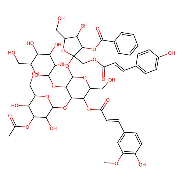 2D Structure of [(2S,3S,4R,5R)-2-[(2R,3R,4S,5R,6R)-4-[(2S,3R,4S,5R,6R)-4-acetyloxy-3,5-dihydroxy-6-(hydroxymethyl)oxan-2-yl]oxy-5-[(E)-3-(4-hydroxy-3-methoxyphenyl)prop-2-enoyl]oxy-6-(hydroxymethyl)-3-[(2S,3R,4S,5S,6R)-3,4,5-trihydroxy-6-(hydroxymethyl)oxan-2-yl]oxyoxan-2-yl]oxy-4-hydroxy-5-(hydroxymethyl)-2-[[(E)-3-(4-hydroxyphenyl)prop-2-enoyl]oxymethyl]oxolan-3-yl] benzoate