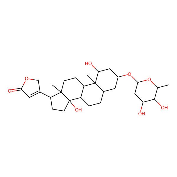2D Structure of 3-[(1R,3R,5R,8R,9S,10S,13R,14S,17R)-3-[(2R,4R,5S,6R)-4,5-dihydroxy-6-methyloxan-2-yl]oxy-1,14-dihydroxy-10,13-dimethyl-1,2,3,4,5,6,7,8,9,11,12,15,16,17-tetradecahydrocyclopenta[a]phenanthren-17-yl]-2H-furan-5-one
