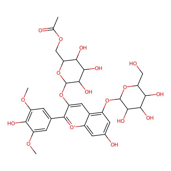 2D Structure of 3',5'-Dimethoxy-4',7-dihydroxy-5-(beta-D-glucopyranosyloxy)-3-[(6-O-acetyl-beta-D-glucopyranosyl)oxy]flavylium