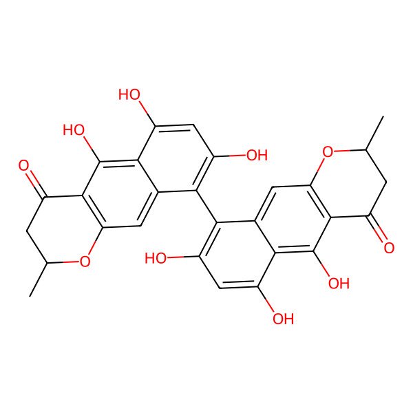 2D Structure of (2R)-5,6,8-trihydroxy-2-methyl-9-[(2R)-5,6,8-trihydroxy-2-methyl-4-oxo-2,3-dihydrobenzo[g]chromen-9-yl]-2,3-dihydrobenzo[g]chromen-4-one