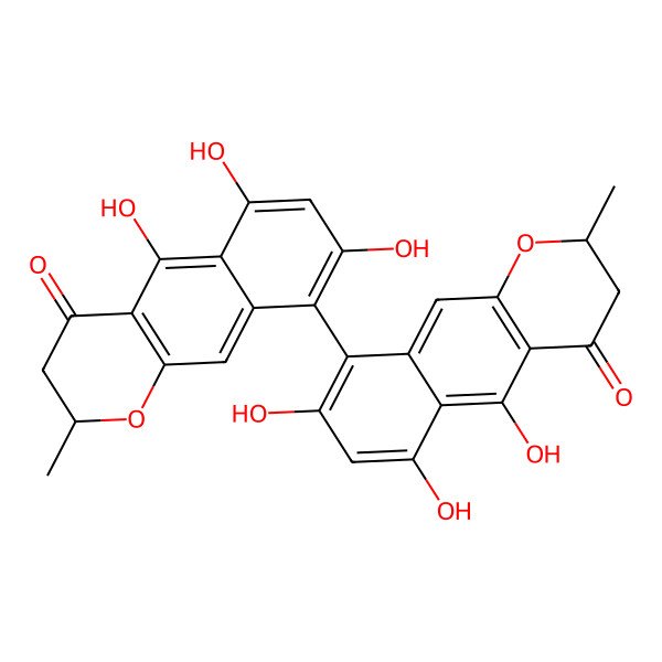 2D Structure of (2R)-5,6,8-trihydroxy-2-methyl-9-[(2R)-5,6,8-trihydroxy-2-methyl-4-oxo-2,3-dihydrobenzo[g]chromen-9-yl]-2,3-dihydrobenzo[g]chromen-4-one