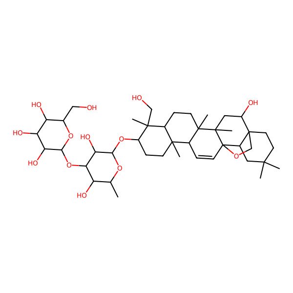 2D Structure of (2R,3S,4R,5R,6S)-2-[(2R,3R,4S,5S,6R)-3,5-dihydroxy-2-[[(1S,2S,4S,5R,8R,9R,10S,13S,18R)-2-hydroxy-9-(hydroxymethyl)-4,5,9,13,20,20-hexamethyl-24-oxahexacyclo[15.5.2.01,18.04,17.05,14.08,13]tetracos-15-en-10-yl]oxy]-6-methyloxan-4-yl]oxy-6-(hydroxymethyl)oxane-3,4,5-triol