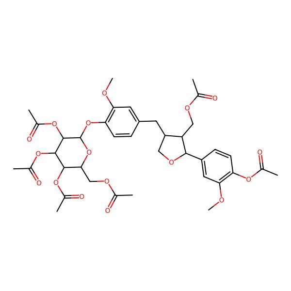 2D Structure of [(2S,3R,4R)-2-(4-acetyloxy-3-methoxyphenyl)-4-[[3-methoxy-4-[(2S,3R,4S,5R,6R)-3,4,5-triacetyloxy-6-(acetyloxymethyl)oxan-2-yl]oxyphenyl]methyl]oxolan-3-yl]methyl acetate